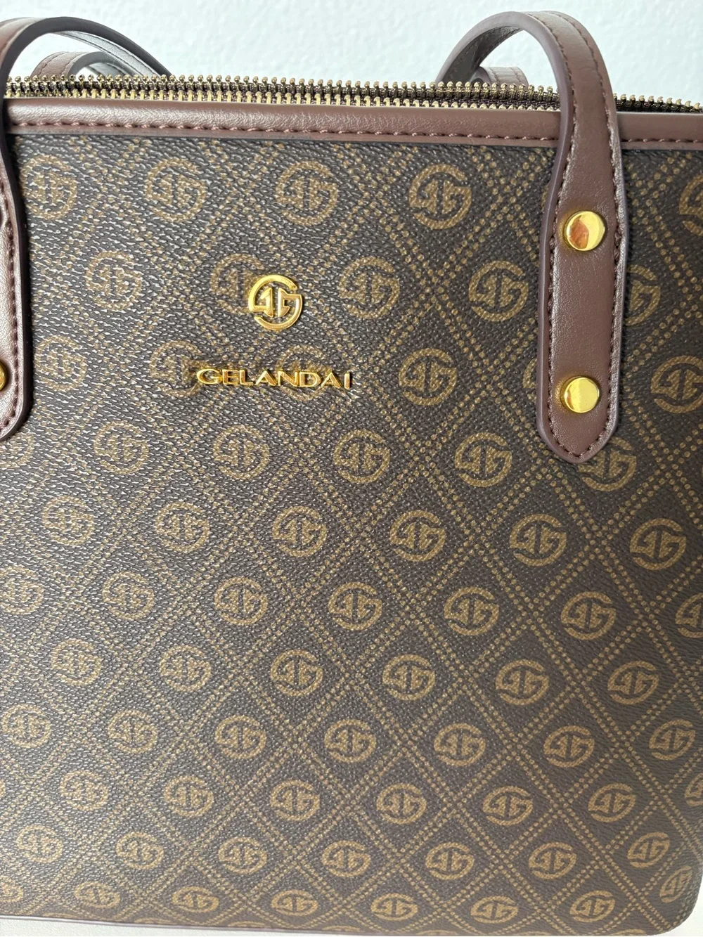 Galandai Brown Monogram Tote Bag with Gold Accents